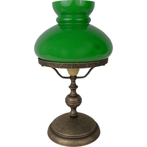 Tischleuchte Echt-Messing Glas rund D: 22,5 cm 39 cm hoch in Bronze Antik matt Grün E27 Jugendstil