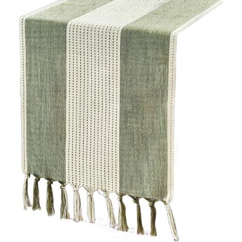 Chemin de table - 33 x 183cm - Chemin de table style ferme rustique - Vert - Coton et lin - Convient pour les décorations de fête et de repas - Décoration de table élégante sur nappe ou napperon (1/4)