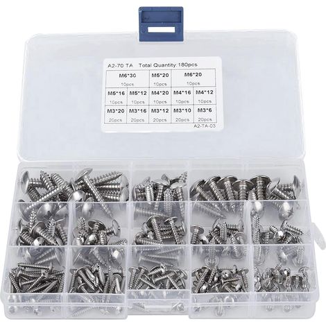 180 Pièces M3 M4 M5 M6 Jeu Vis Autotaraudeuses avec Boîte, Kit Vis à Tête Ronde Cruciforme Acier Inoxydable avec Rondelles, Assortiment Vis Plate Croisée Bois Autoperceuses pour Réparations, Argent (1/5)