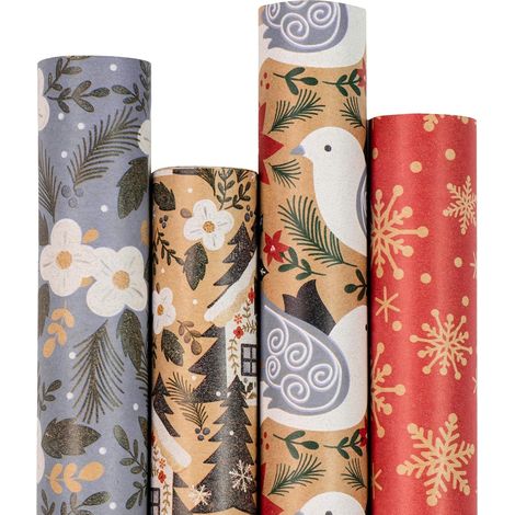 Papier Cadeau De Noël, Papier Kraft - Colombe, Flocon De Neige, Fleur Et Maison - 4 Rouleaux - 43,5X305 Cm Par Rouleau (1/5)