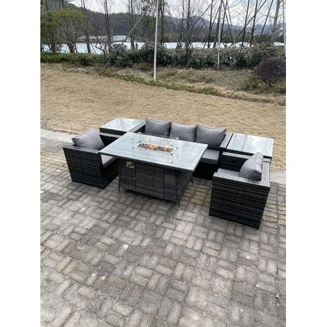 Fimous Outdoor Lounge Rattan Sofa Set Garden Furniture Gas Firepit Set Dining Table Patio Heater 2 Chair 2 Coffee Table Dark Grey Mixed (1/4)