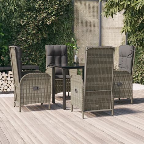 5-tlg. Garten-Essgruppe mit Kissen Schwarz und Grau Poly Rattan