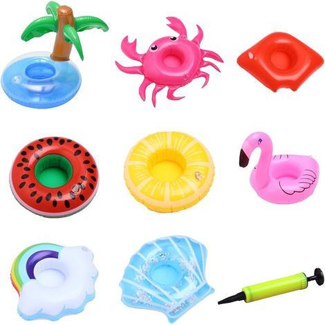 8 Pièces Ensemble Porte Gobelets Gonflables-Pompe à Air Incluse Flottants Stables, Faciles à Inflater & Colorés, pour Plages, Fêtes d'Été & Bains de Soleil (1/4)