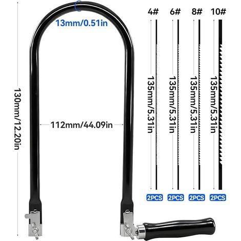 Kit de scie à chantourner noire avec manche en bois noir - Scie à chantourner en métal - Scie à chantourner professionnelle avec 8 lames de scie - Pour adultes ou enfants