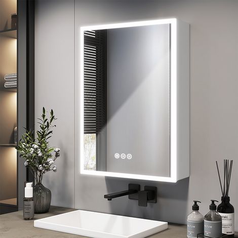 EMKE Armoire Miroir de Salle de Bain LED, Armoire à miroir 50x70cm, Luminosité réglable, Anti-Buée, Prise Intégrée (1/5)