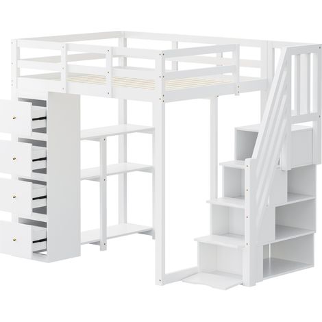 CAIziLit mezzanine bois blanc 140x200 cm, tiroirs, étagères, échelle rangement (1/5)