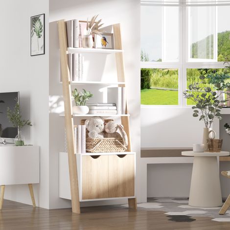 Estantería escalera madera librería 3 estantes 1 armario almacenaje 60x40x171 cm roble y blanco