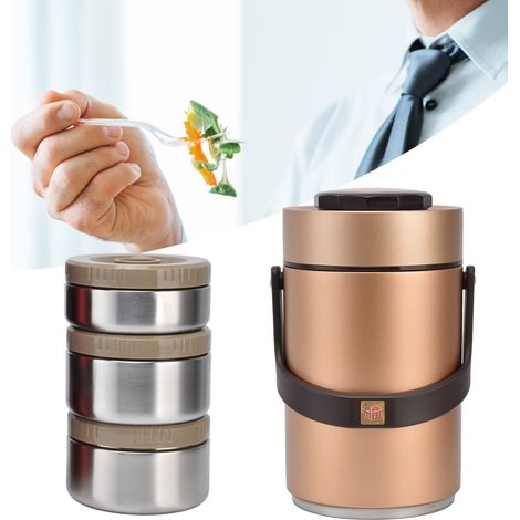 Boîte-repas isotherme 2,3L en acier inoxydable 304, 3 couches anti-fuites pour travail et voyage, couleur or