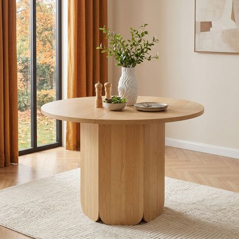 Table de salle à manger ronde style scandinave 120×120×75 cm pour 4 à 6 personnes, couleur chêne résistante aux rayures, chaises non fournies (1/5)