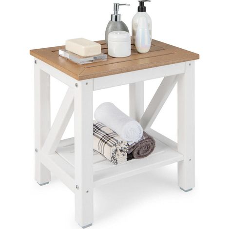 Assemblage Facile Banc de Douche Étanche avec Étagère de Rangement Double Niveau Tabouret en PEHD Marron (1/5)