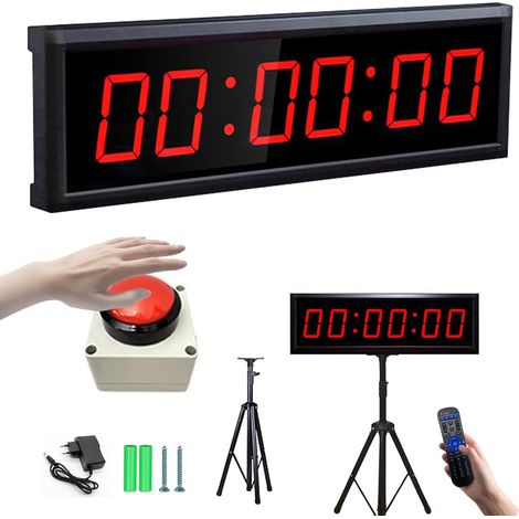 Compte Rebours, 2,3 Pouces Chronomètre Compétition Jeu Sport 12/24 Heures avec Trépied Télécommande Chronomètre Sport 6 Chiffres Fonction Compte Rebours/Compte Rebours Luminosité Réglable (Chargez)