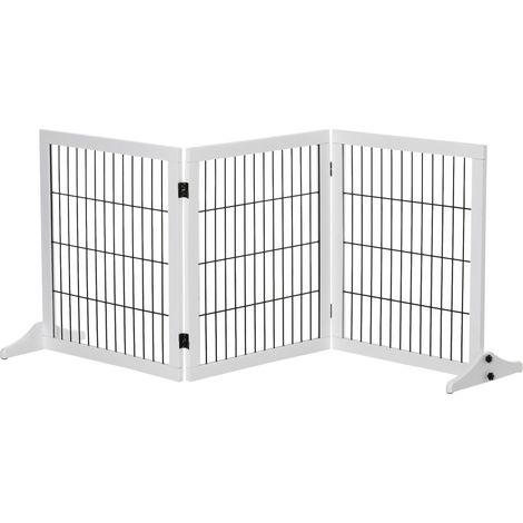 PawHut Absperrgitter Hund Freistehendes Schutzgitter mit Füßen 185 x 71 cm Holz Hundegitter Treppenschutzgitter Treppengitter Hundeabsperrgitter für Treppen, Türen, Küche, Flur, 3 Paneelen, Weiß