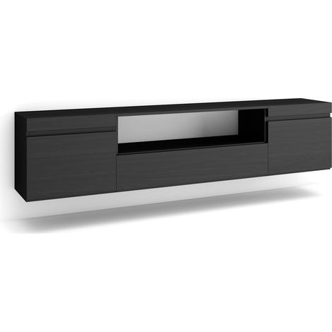 Skraut Home – Meuble TV suspendu noir – Grand espace de rangement 200x35x45cm – Pour TV jusqu'à 80" – Style moderne et épuré (1/5)