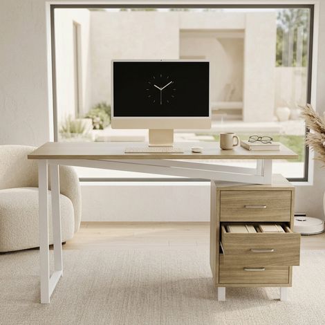 1305575cm, bureau spacieux avec rangement, matériau MDF haute densité, glissières de tiroirs à trois couches, entretoises triangulaires, facile à monter et à nettoyer, bois naturel + blanc. (1/5)