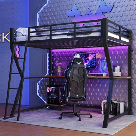 Lit mezzanine moderne 90x200 cm métal noir avec bureau, étagère PC, LED, prise USB et escalier (1/5)