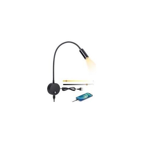 Wandmontierte LED-Nachttischlampe mit dimmbarem Touch-Schalter und USB-Ladeanschluss, 3 W, 360° schwenkbar, inklusive Stecker und Kabel, 3000–6000 K, Schwarz (1/5)