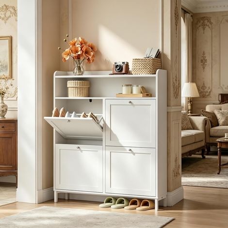 Zapatero con 4 Puertas Abatibles y Estante Superior, Diseño Moderno, para Entrada, 100 × 19.5 × 107 cm (1/4)