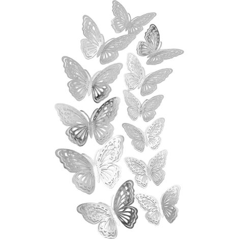 Stickers muraux papillons 3D – 12 pièces auto-adhésives – pour la décoration de gateaux de fête et de murs de chambre - Argent (1/5)