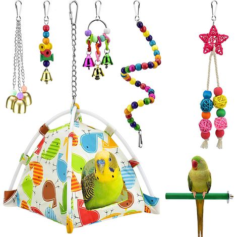 1 Ensemble Jouets pour Oiseaux, Clochette, Hamac, Balançoire, Échelle, Perchoir Bois, Cage Perruche Calopsitte (1/5)
