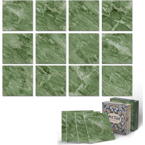 Stickers muraux effet marbre – Autocollants cuisine salle de bain PE imperméables et brillantsVert 15x15 cm 12 pièces Vert (1/5)