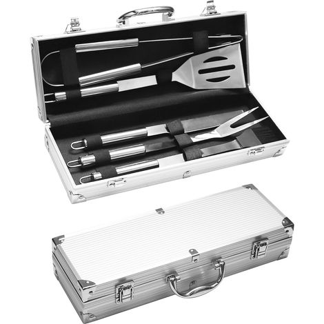 Set Barbecue en Acier Inoxydable 5 pièces - Accessoires Barbecue Ustensiles Barbecue Cadeau pour Homme 37x12x7 cm Mallette en Aluminium idéal pour grillades et Cuisine (1/5)