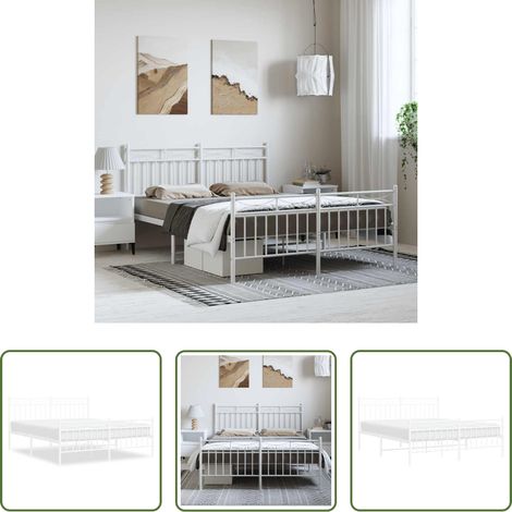 vidaXL Lit avec tête et pied - Cadre de lit métal sans matelas et pied de lit blanc 150x200 cm (1/5)