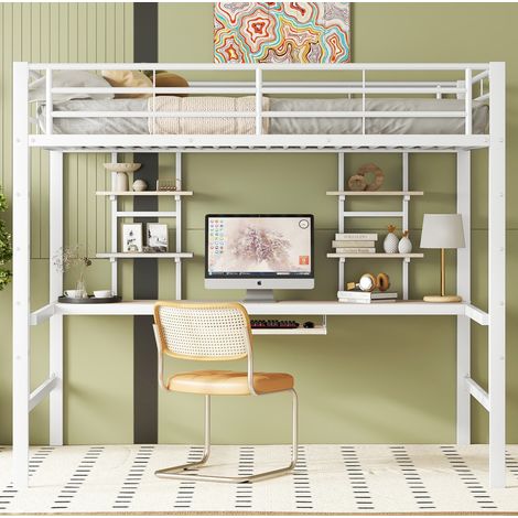 Letto a soppalco 140x200 cm bianco in metallo e MDF con scrivania e 2 ripiani (1/5)