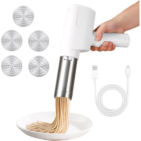 Manual Portable Electric Pasta Machine, Portable Electric Press, Rechargeable Automatic Pasta Machine with 5 Press Molds for Homemade Noodle/Spaghetti/Macaroni