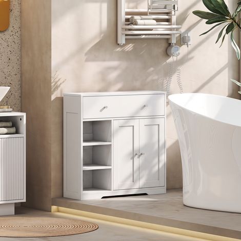 Meuble de Salle de Bain avec 1 Tiroir, 2 Portes, 3 Compartiments Ouverts, Style Scandinave, 80x30x80,2cm, Blanc (1/5)