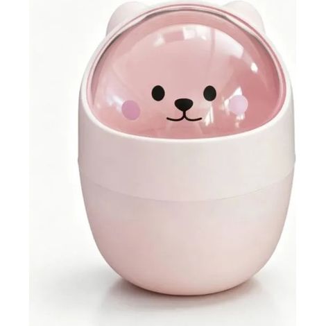 Mini Poubelle de Bureau Mignonne avec couvercle en forme d'animal de dessin animé. Poubelle à papier en plastique, idéale pou - Rose (1/5)