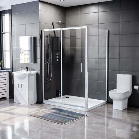 Magna 1200mm Slider Door, 700mm Side Panel, Tray, 550mm White Vanity Unit and Close Coupled Toilet (1/5)