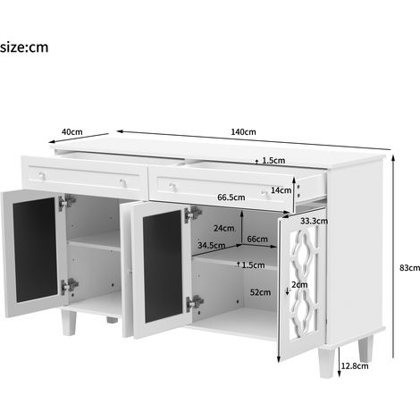 Buffet à 4 portes miroir, meuble de rangement à tiroirs, étagères réglables et poignées en cristal, armoire basse élégante. (1/5)