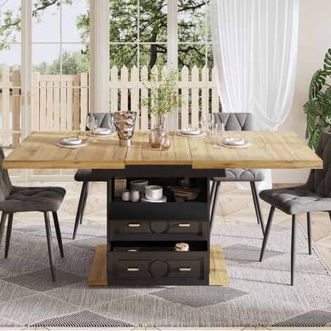 Tavolo da pranzo allungabile 110-140x80x75 cm legno naturale in MDF e metallo con 2 cassetti e vano (1/5)