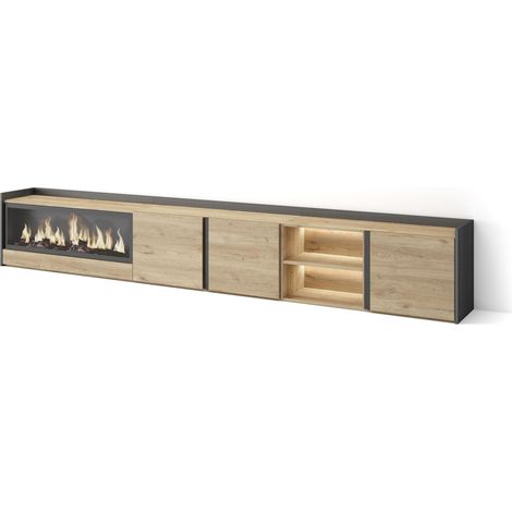 Skraut Home - Mueble TV, Televisión, Muebles de salón, almacenaje, 315x35x50cm, Para TV hasta 80", Chimenea eléctrica XXL, LED, Estilo Moderno, Roble y negro (1/5)