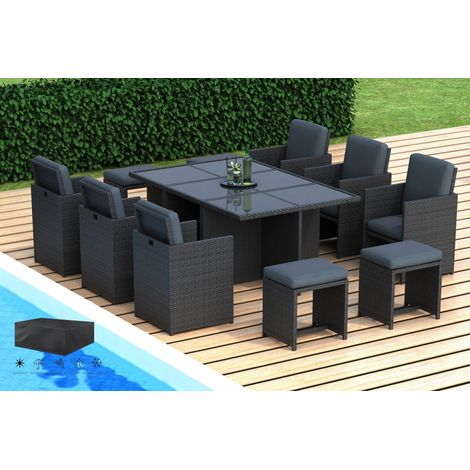 Hobag – Salon de jardin encastrable 10 places – résine tressée noire – coussins déhoussables imperméables – table carrée avec plateau en verre