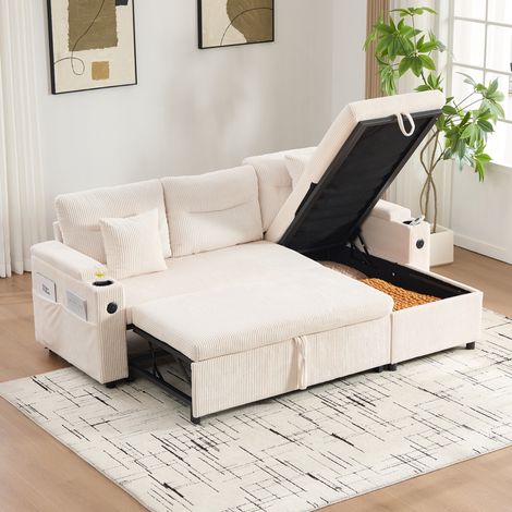 Canapé d’angle 3 places convertible avec méridienne, lit tiroir 2 personnes, rangement hydraulique, USB-C, porte-gobelets, velours côtelé beige (1/5)