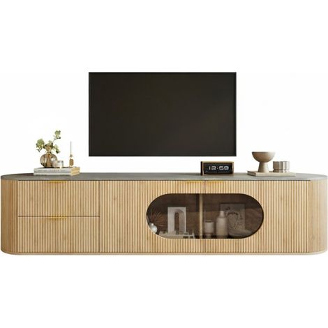Meuble TV moderne bois naturel, portes 3D, vitrine verre gris, rangement multizone salon