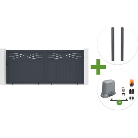 Portail coulissant 3,7m HALTI H.160cm aluminium gris + 2 poteaux ELDA 15x15cm + motorisation Tanker C600 (1/5)