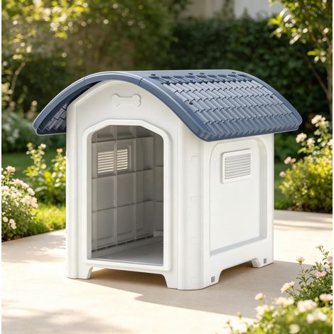 Outdoor-Hundehütte aus PP-Kunststoff mit wasserdichtem Dach, erhöhtem Boden, Weiß/Dunkelgrau (1/5)