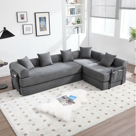 Divano modulare in velluto a coste grigio scuro 270 x 180 cm, trasformabile con tasca laterale (1/5)