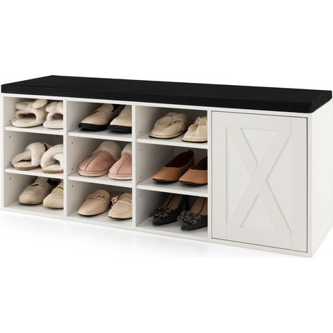 Panca portascarpe da ingresso con cuscino rimovibile, 9 scomparti, mobiletto laterale, scarpiera a 3 ripiani per ingresso corridoio, Bianco (1/5)