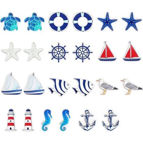 Lntyq Lot de 24 pendentifs maritimes, décoration nautique, kit de décoration maritime, étoile de mer, bateau, ancre, phare, poisson, cocotier pour mini filet de pêche, décorations murales (1/5)