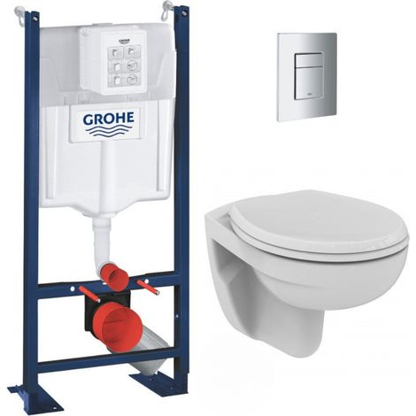 Grohe Pack WC Bâti autoportant avec Cuvette Porcher rimless + Abattant + Plaque chrome (ProjectPorcher-1) (1/5)