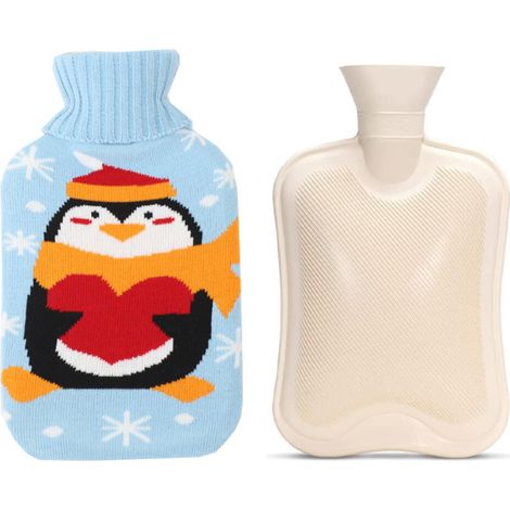 Wärmflasche, Thermoskanne, Heizkissen mit Strickbezug zur Linderung von Erkältungen, blaues Pinguinmuster, 2000 ml