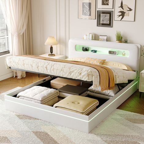 lit coffre double 160x200, Lit Rembourré 160x200 avec LED, Sommier à Lattes, Cadre de Lit pour 2 Personne, blanc cassé, velours (1/5)