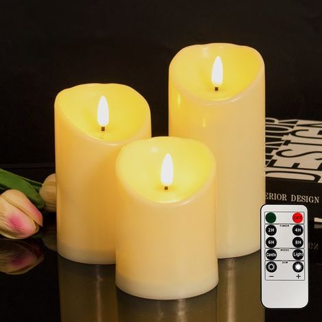 Lot de 3 bougies d'extérieur étanches avec lumière LED, sans fil et sûres, 7,5 x 10, 12,5 et 15 cm, bougie LED clignotante, minuterie et fonctionnement sur piles. (1/4)