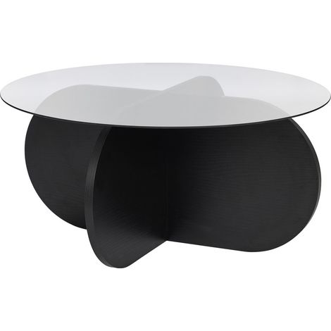 LILY - Table basse ronde en verre piètement couleur bois noir D75 cm