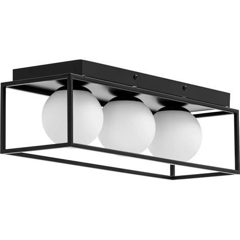 Plafonnier 3 boules de verre et cadre en fer verre fer noir blanc mat