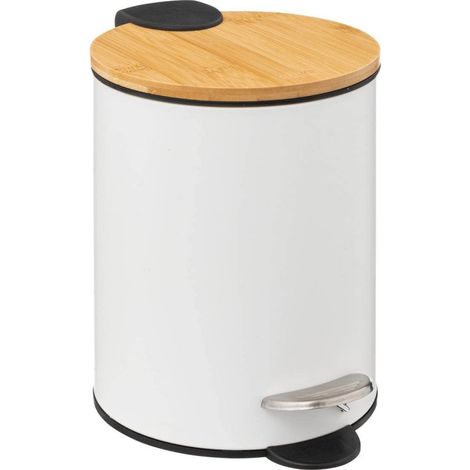 5Five Simply Smart – Poubelle de salle de bain 3L en acier avec couvercle en bambou – Ouverture silencieuse – Seau intérieur amovible pour nettoyage facile