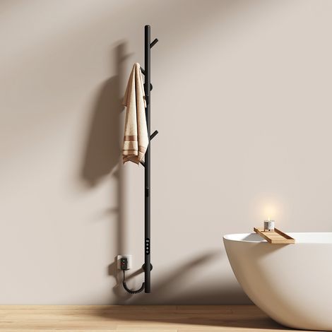 EMKE Sèche-serviette électrique avec élément chauffant thermostat température réglable minuterie LCD tactile, Porte-serviettes forme de branche, 1500 mm Noir (1/5)